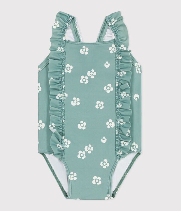 Babies' one-piece swimsuit with frills and a floral print. green/white