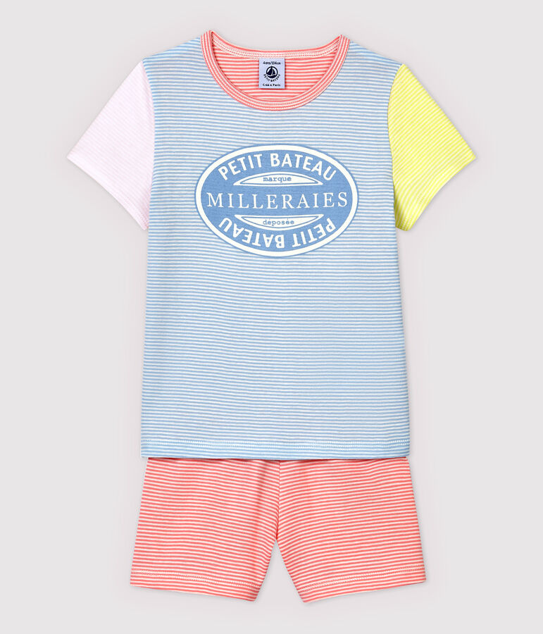 Girls' Colourful Pinstriped Cotton Short Pyjamas JASMIN blue/MULTICO white