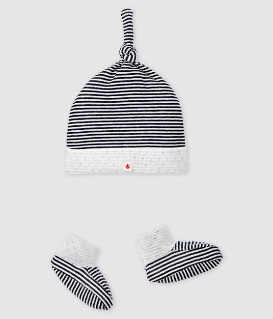 Striped Baby Bonnet and Bootees Set in Tube Knit variante 1
