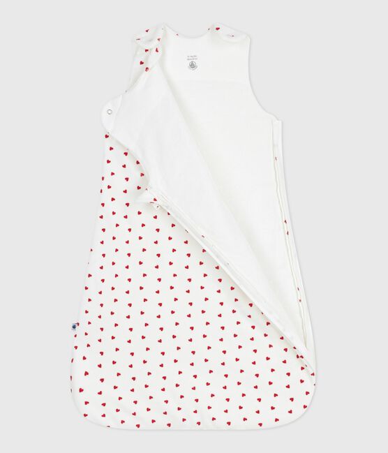 Babies' 3 TOG heart-print corduroy sleeping bag MARSHMALLOW white/TERKUIT red
