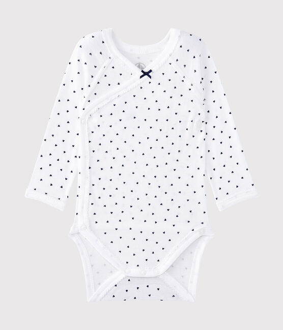 Newborn baby girls' long-sleeved printed bodysuit ECUME white/MEDIEVAL blue