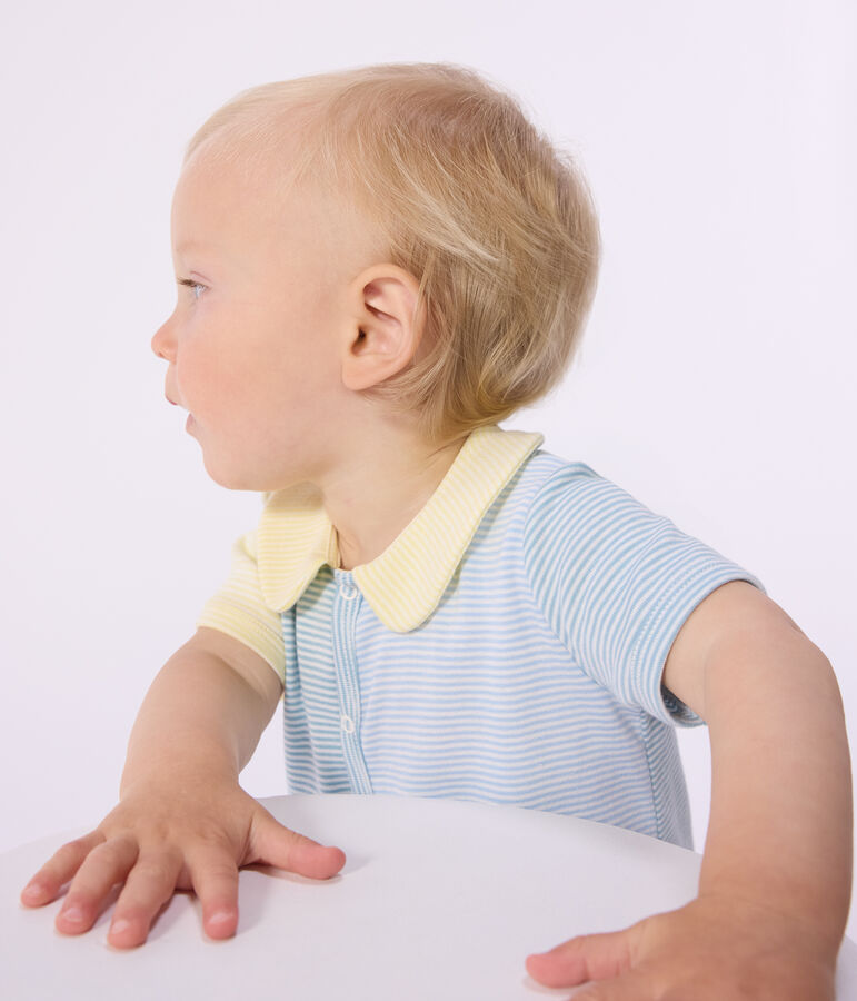Babies' short cotton playsuit with a collar green/white