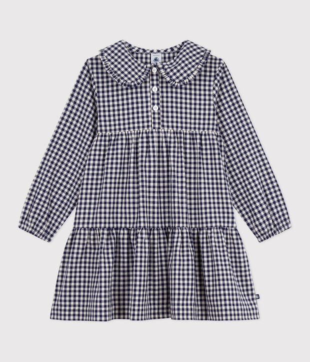 Children's long-sleeved checked flannel dress blue/ecru
