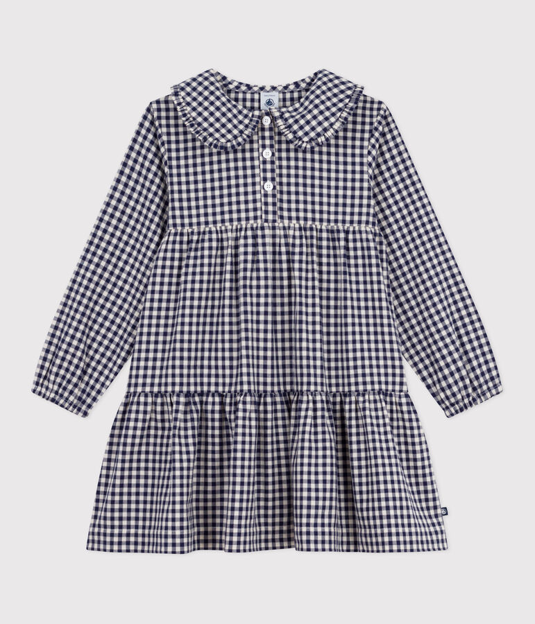 Children's long-sleeved checked flannel dress blue/ecru