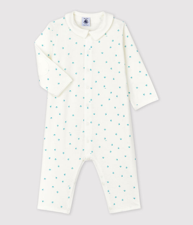 Babies' Footless Paw Print Cotton Sleepsuit white/grey