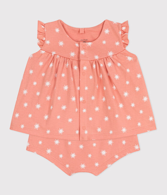 Newborn babies' two-piece sun print cotton set ABRICOT orange/MARSHMALLOW
