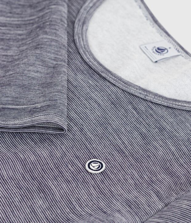 Women's long-sleeved striped wool and cotton T-shirt blue/white