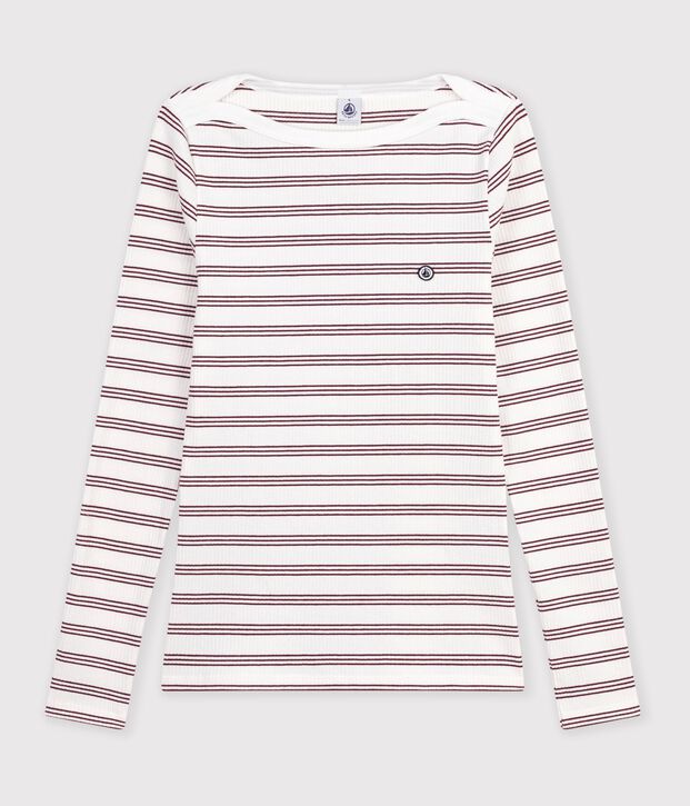 Women's admiral collar stripy cotton T-shirt with long sleeves white/red