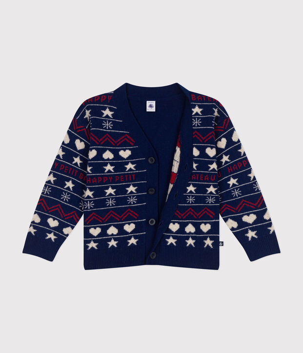 Boys' wool jacquard and cotton cardigan blue/multicolor