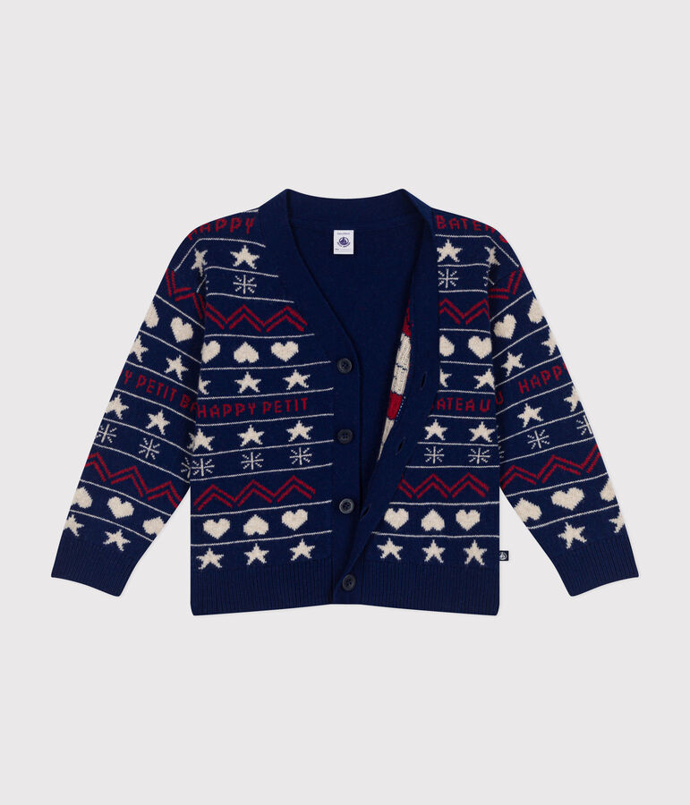 Boys' wool jacquard and cotton cardigan MEDIEVAL blue/MULTICO white