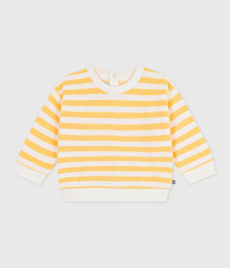 Babies' stripy cotton hooded sweatshirt yellow/white