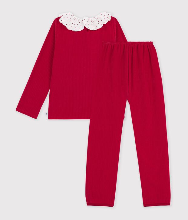 Children's plain ribbed velour pyjamas with a ruff red