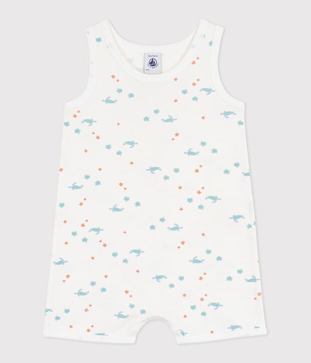 Babies' sleeveless short cotton jumpsuit printed with turtles white/multicolor