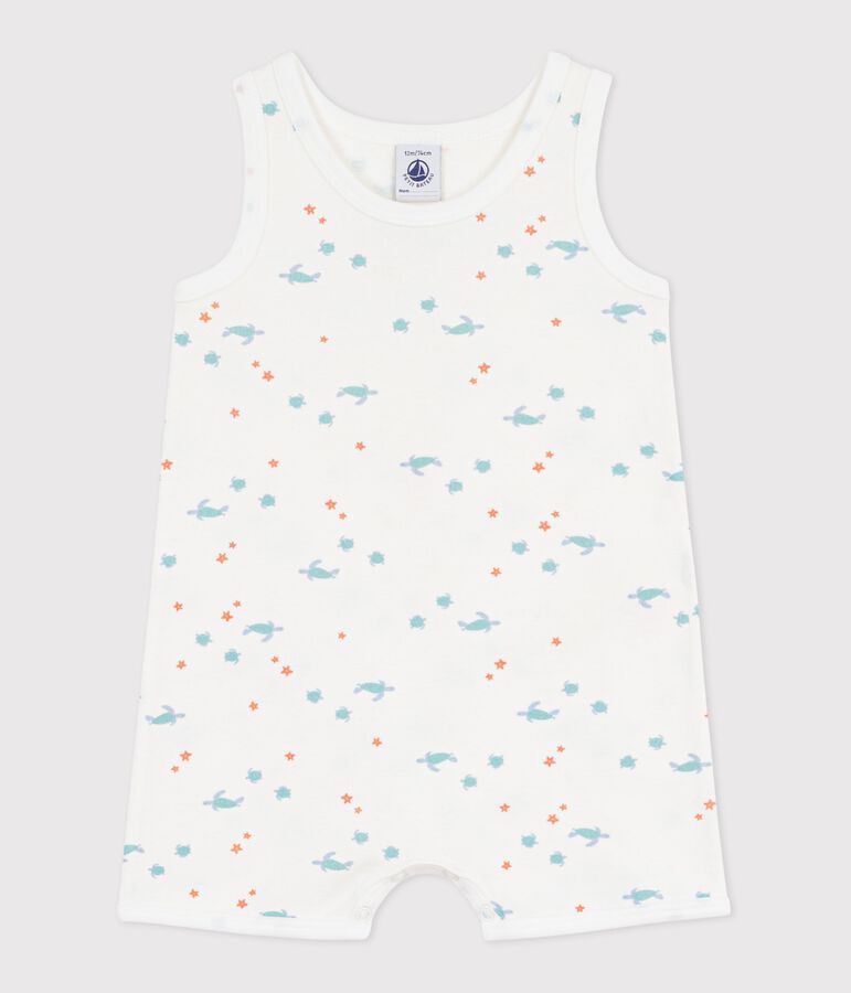 Babies' sleeveless short cotton jumpsuit printed with turtles white/multicolor