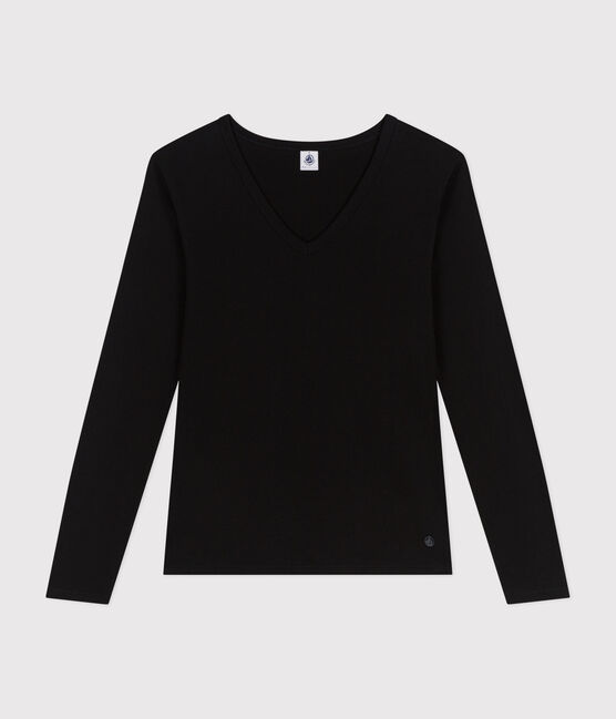 Women's plain long-sleeved iconic rib knit T-shirt BLACK black