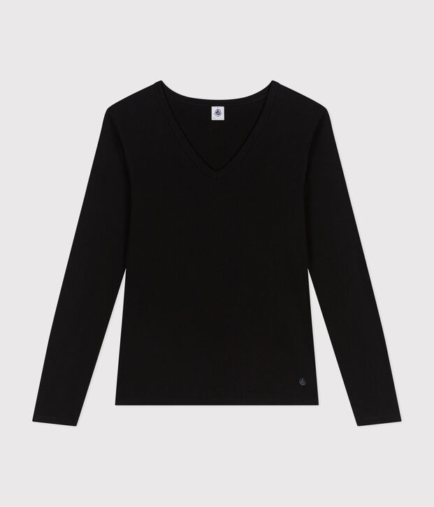 Women's plain long-sleeved iconic rib knit T-shirt black