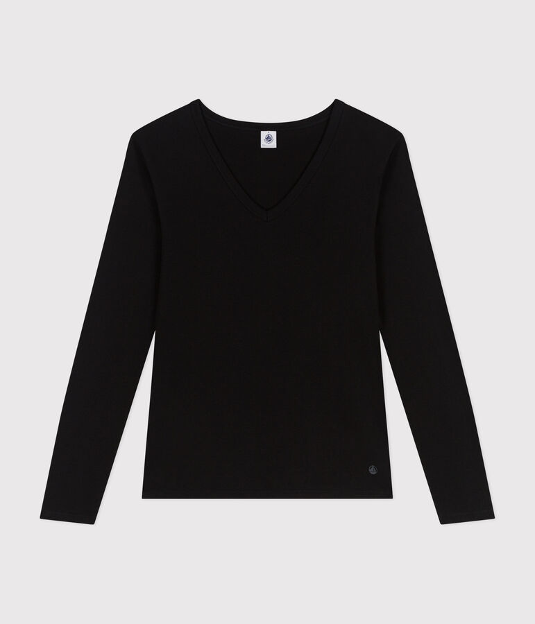 Women's plain long-sleeved iconic rib knit T-shirt black
