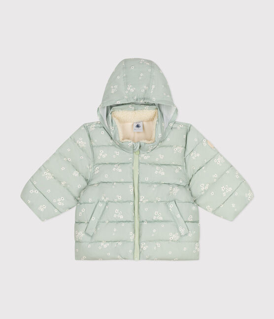 Babies' printed  puffer jacket with a retractable hood HERBIER green/MULTICO white