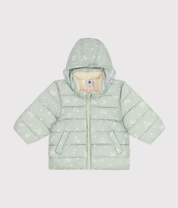 Babies' printed  puffer jacket with a retractable hood green/multicolor