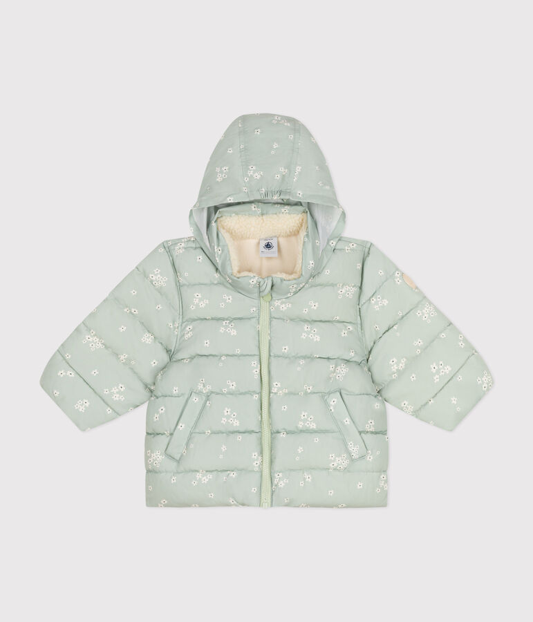 Babies' printed  puffer jacket with a retractable hood green/multicolor
