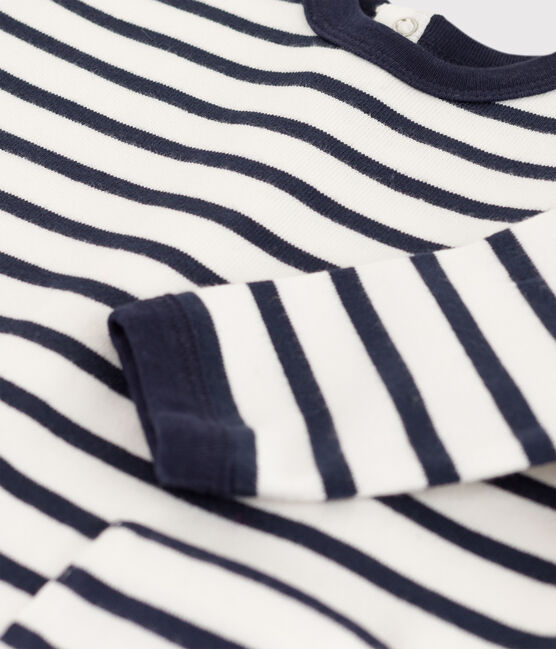 Babies' Thick Jersey Stripy Breton Jumpsuit MARSHMALLOW white/SMOKING blue