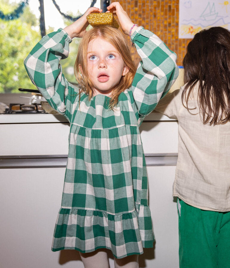 Girls' Long-Sleeved Checked Flannel Dress MATCHA/ecru