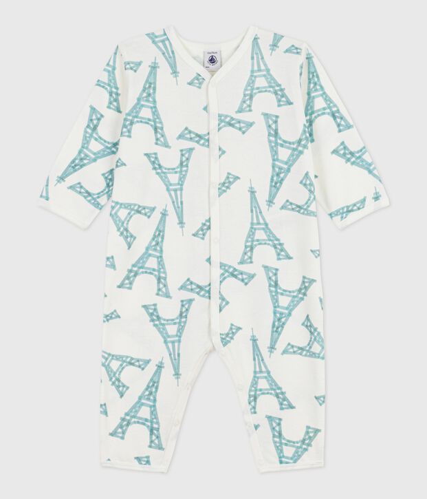 Babies' Eiffel Tower print footless cotton pyjama suit white/green