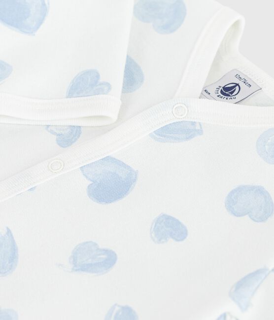 Babies' brushed fleece heart-print pyjamas with a collar MARSHMALLOW /ADRIATIC