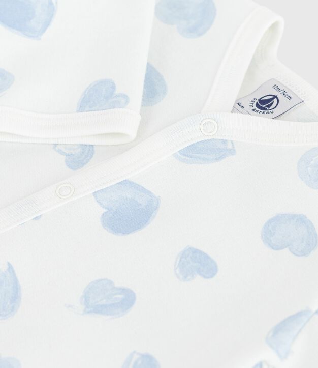 Babies' brushed fleece heart-print pyjamas with a collar white/blue