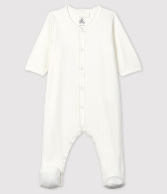 Babies' White Petit Bateau Screen Printed Organic Cotton Velour Sleepsuit MARSHMALLOW white/PERLIN beige