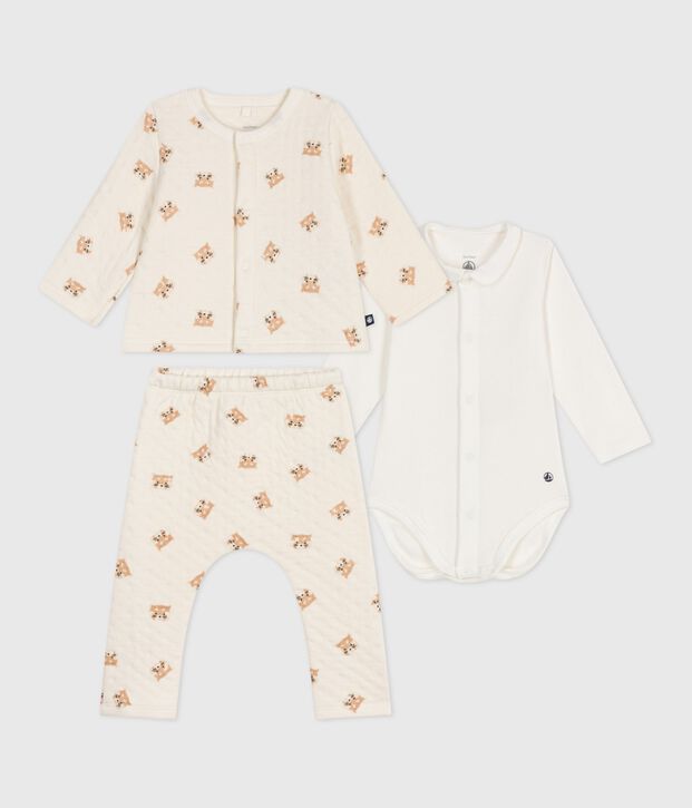 Babies' red panda-printed cotton 3-piece set Ecru/multicolor