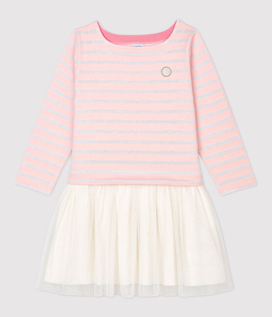 Girls' Long-Sleeved Cotton/Tulle Dress MINOIS pink/MARSHMALLOW ARGENT BRILLANT