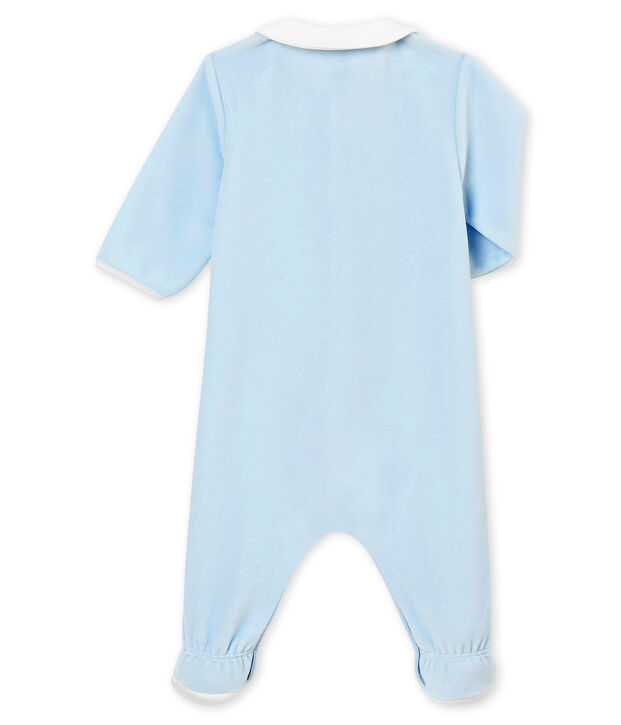 Baby boy's plain cotton velour sleepsuit blue