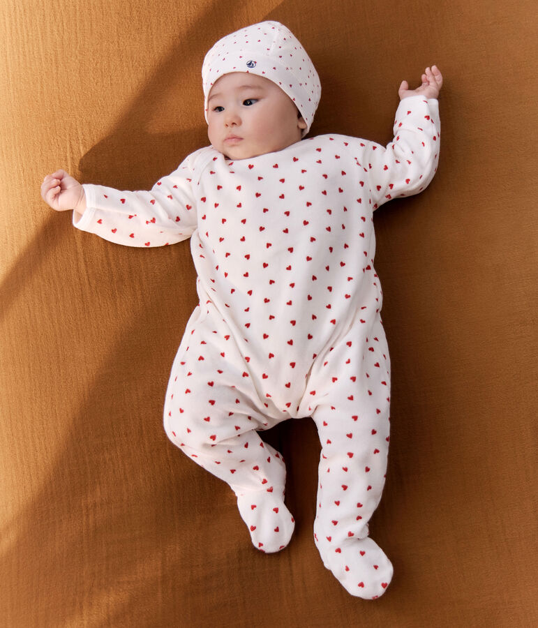 Babies' Heart Patterned Velour Pyjamas white/red