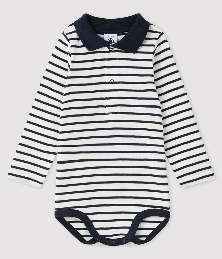 Baby boy's long-sleeved bodysuit MARSHMALLOW white/SMOKING blue