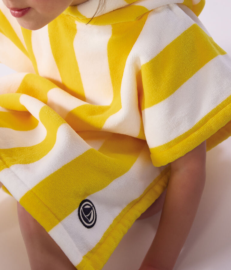 Children's stripy cotton terry bath poncho yellow/white