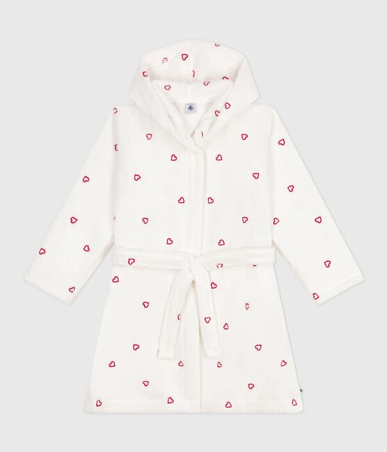 Children's cotton terry bathrobe with embroidered hearts MARSHMALLOW white/TERKUIT red