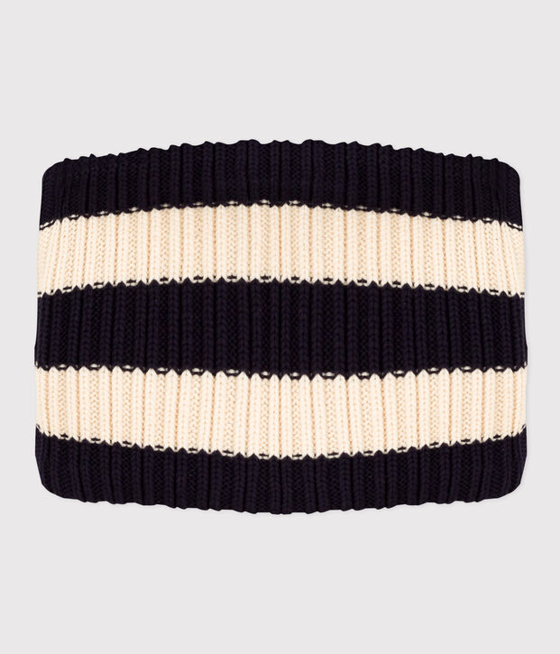 Children knitted snood lined in Breton striped fleece blue/ecru