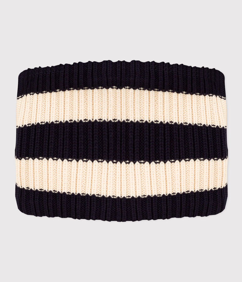 Children knitted snood lined in Breton striped fleece blue/ecru