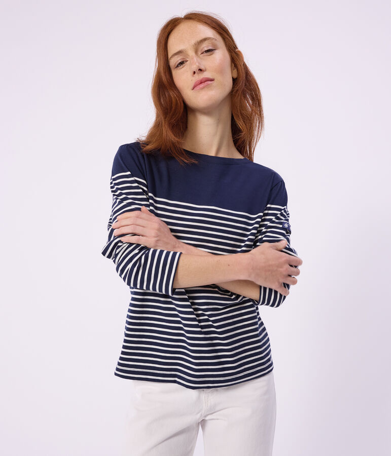 Women's stripy cotton Breton top SMOKING blue/MARSHMALLOW white