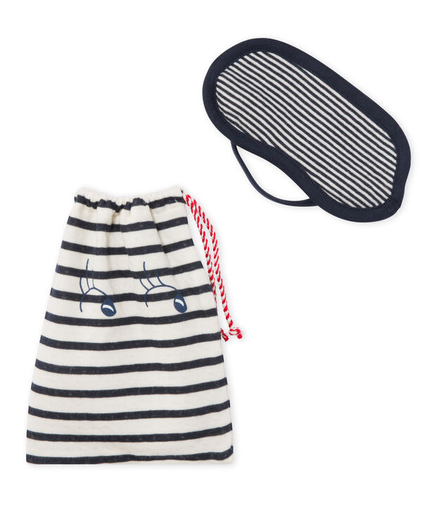 Set of sleep mask and drawstring bag in tube knit blue/white