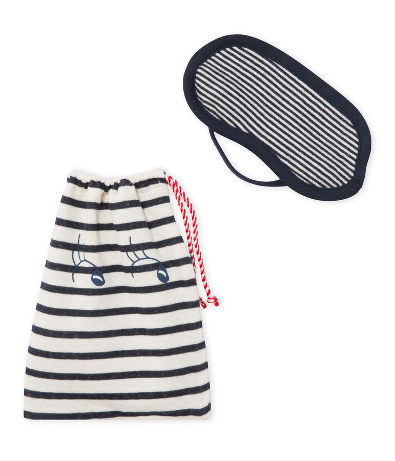 Set of sleep mask and drawstring bag in tube knit blue/white