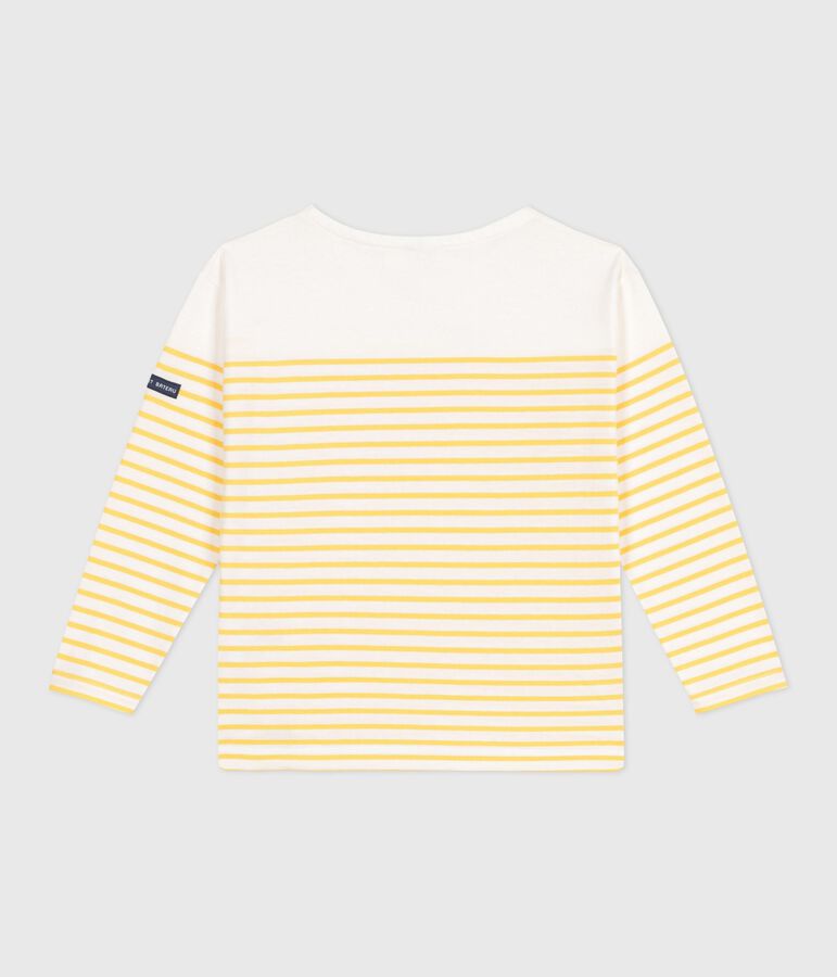Children's long-sleeved cotton Breton T-shirt MARSHMALLOW white/ORGE