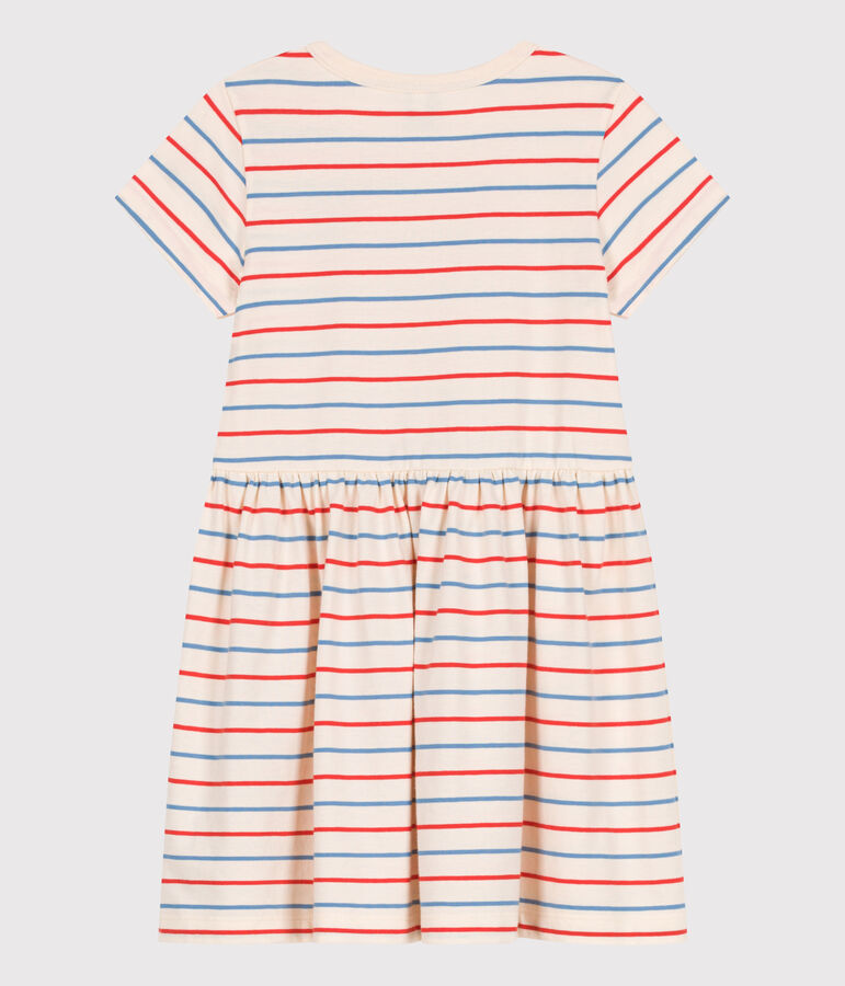 Children's short-sleeved stripy cotton dress with a heart badge Ecru/multicolor