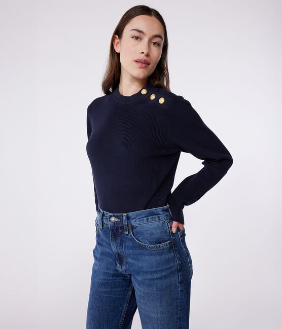 Women's plain cotton sailor-style jumper SMOKING blue