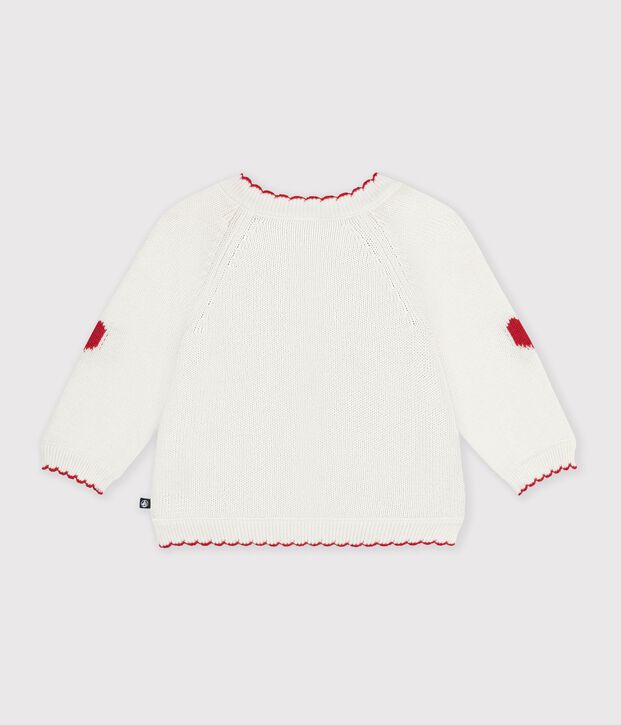 Babies' jaquard-patterned cardigan knitted in wool and cotton white/red
