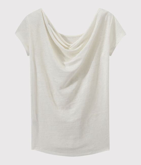 Women's iridescent linen tee with cowl neck at the back LAIT white/OR yellow