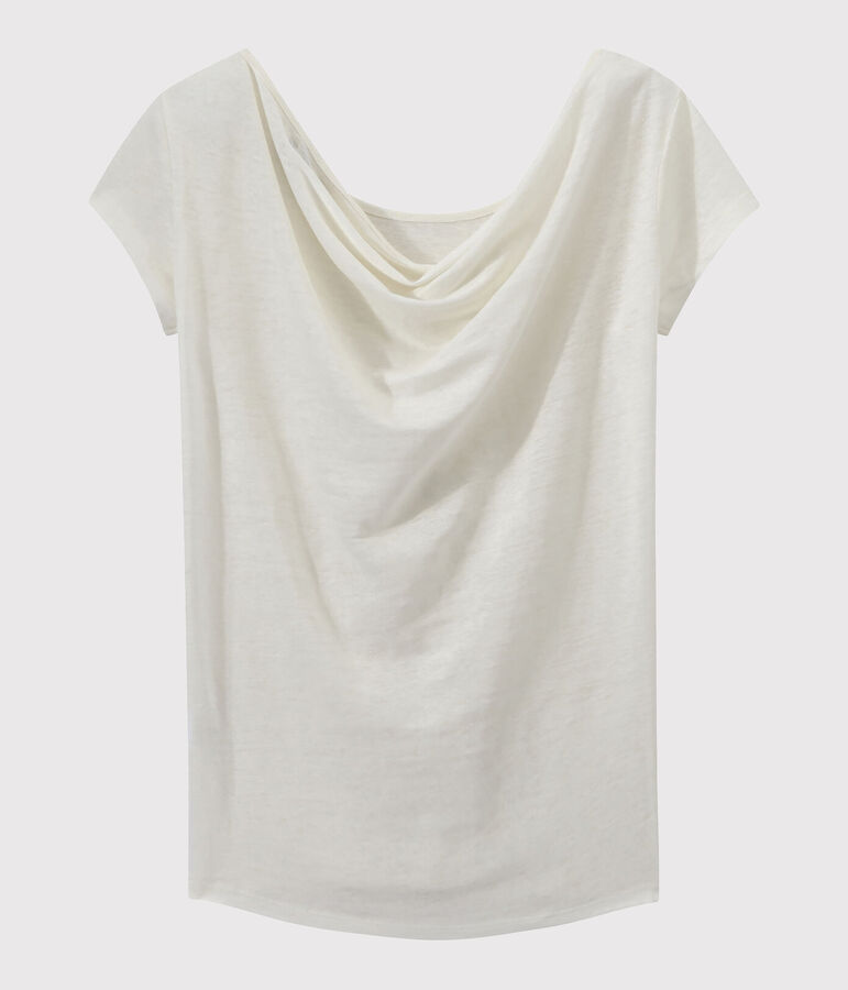 Women's iridescent linen tee with cowl neck at the back white/yellow