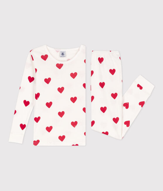 Children's unisex snug-fit cotton heart print pyjamas MARSHMALLOW white/TERKUIT red