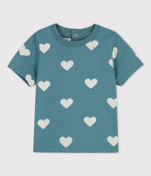 Babies' Cotton Heart Print Short-Sleeved T-Shirt green/ecru
